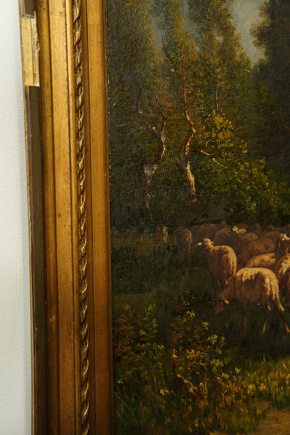 Antique French Sheep Painting Oil on Canvas Barbizon Pastoral, Circa 1880