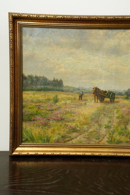 Antique Signed Belgian Oil Painting Horse and Cart Landscape