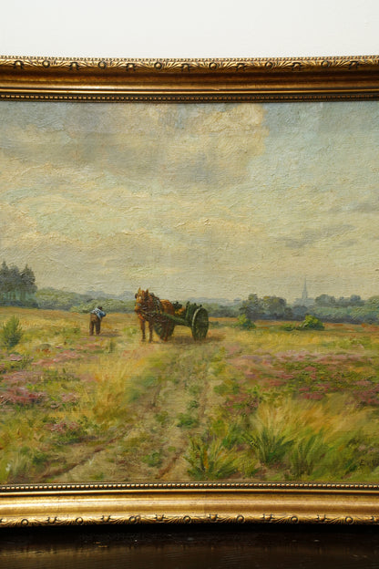 Antique Signed Belgian Oil Painting Horse and Cart Landscape