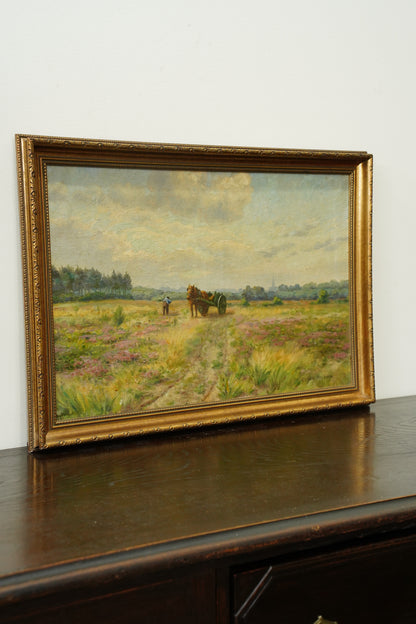 Antique Signed Belgian Oil Painting Horse and Cart Landscape