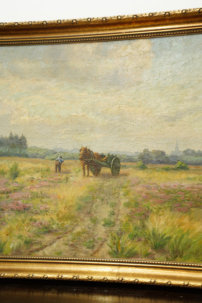 Antique Signed Belgian Oil Painting Horse and Cart Landscape