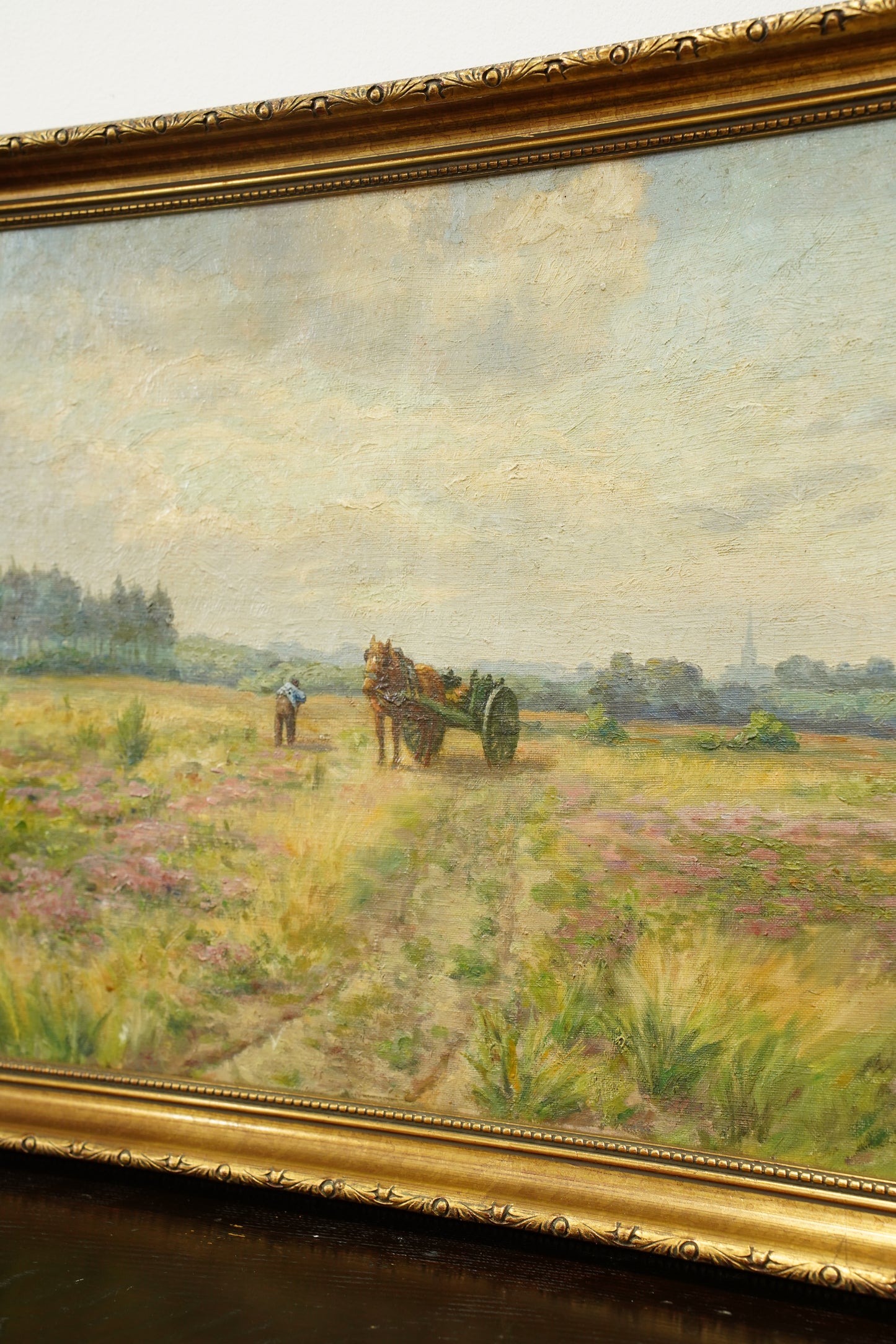 Antique Signed Belgian Oil Painting Horse and Cart Landscape