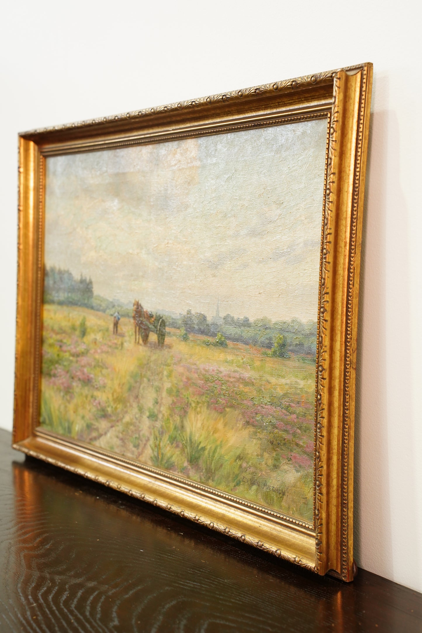 Antique Signed Belgian Oil Painting Horse and Cart Landscape