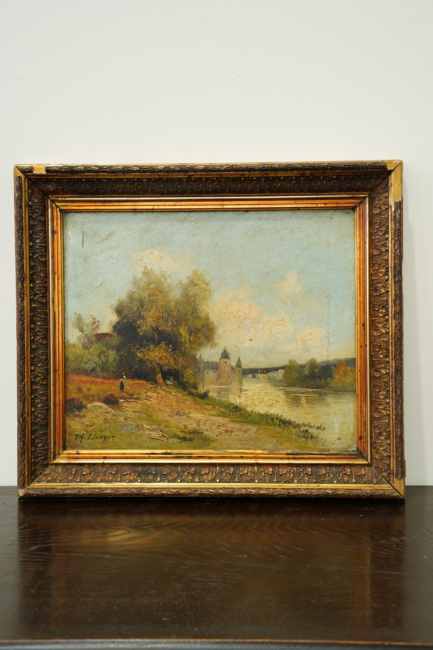 Antique French River Landscape Oil Painting with Castle, Signed