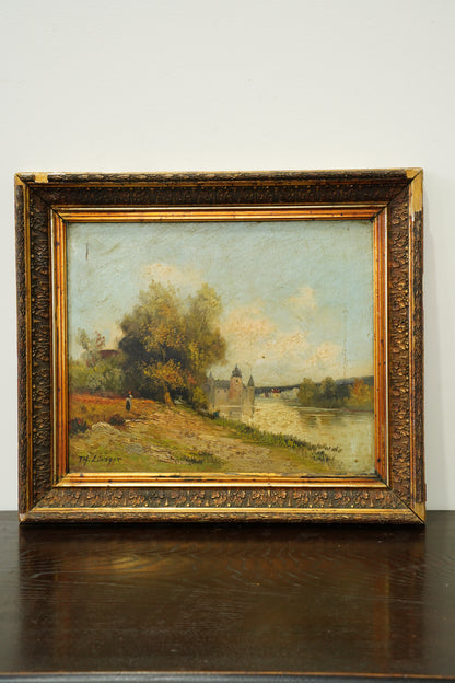 Antique French River Landscape Oil Painting with Castle, Signed