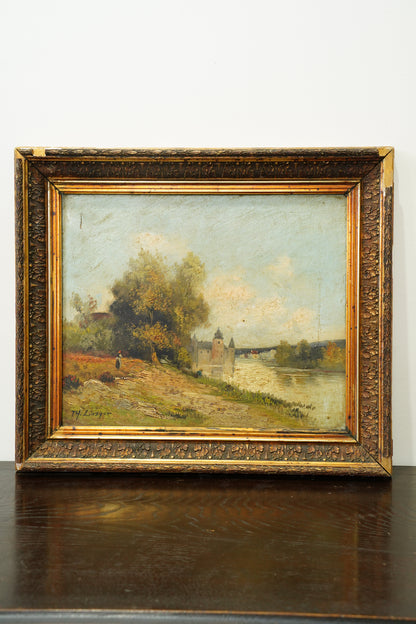 Antique French River Landscape Oil Painting with Castle, Signed
