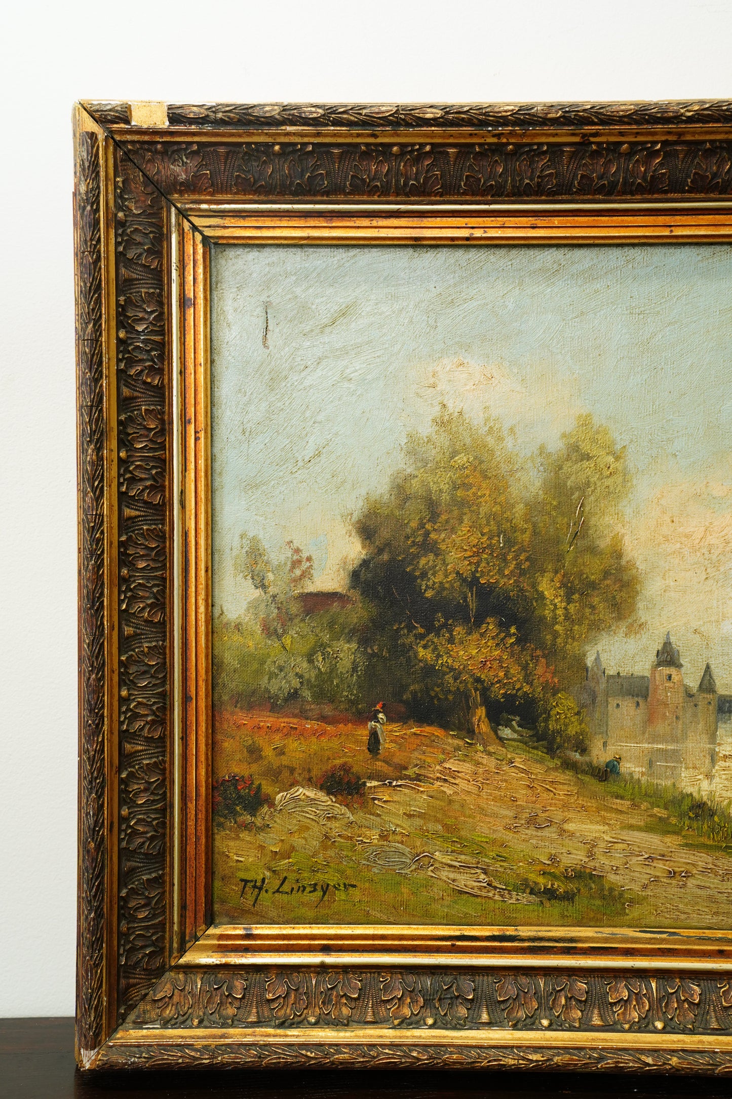 Antique French River Landscape Oil Painting with Castle, Signed