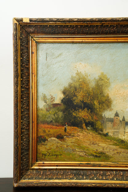 Antique French River Landscape Oil Painting with Castle, Signed