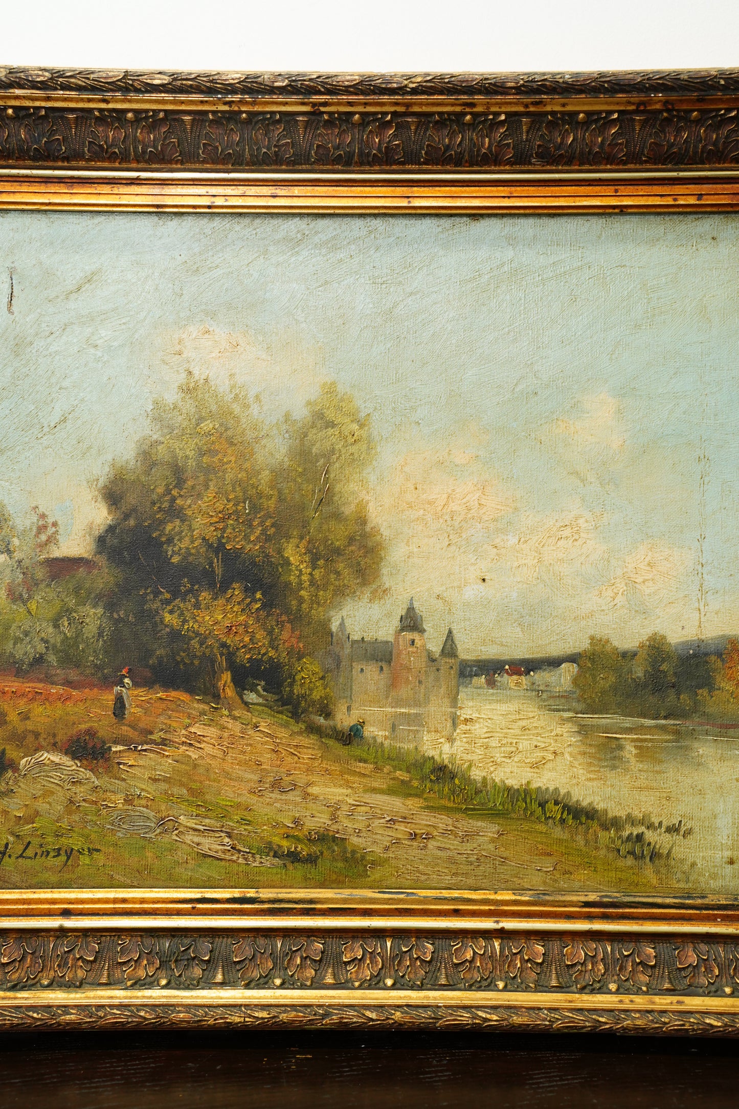 Antique French River Landscape Oil Painting with Castle, Signed