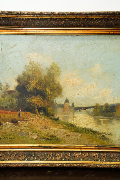 Antique French River Landscape Oil Painting with Castle, Signed