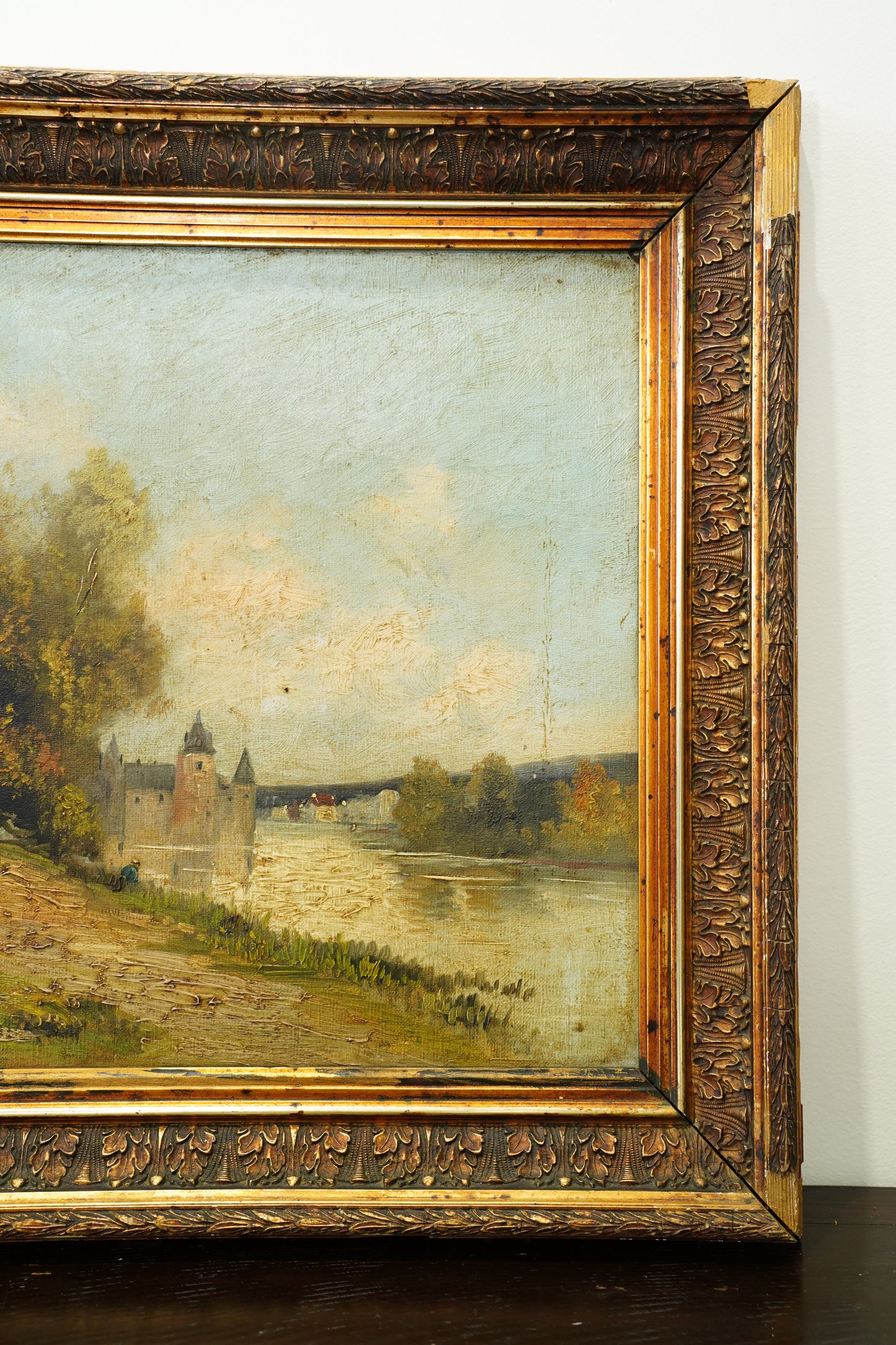 Antique French River Landscape Oil Painting with Castle, Signed