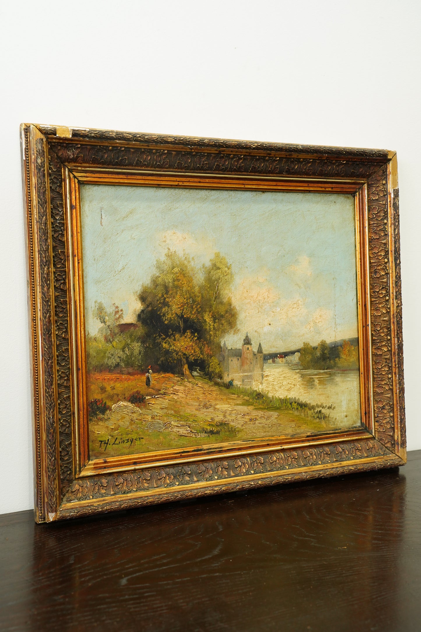 Antique French River Landscape Oil Painting with Castle, Signed