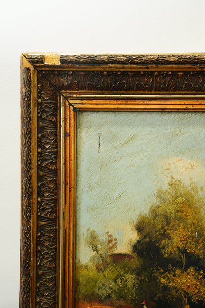 Antique French River Landscape Oil Painting with Castle, Signed