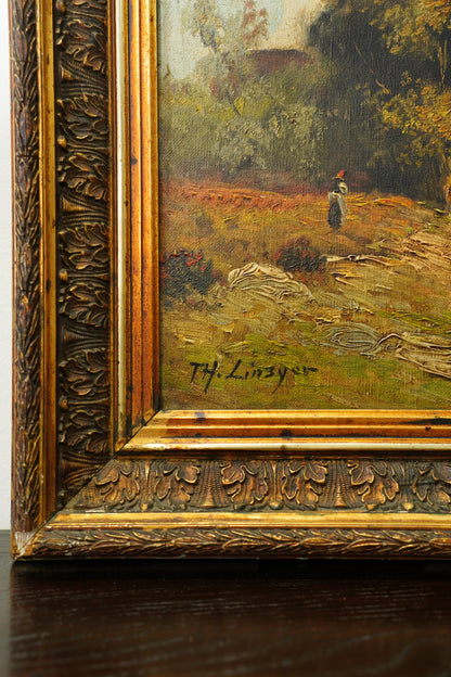 Antique French River Landscape Oil Painting with Castle, Signed