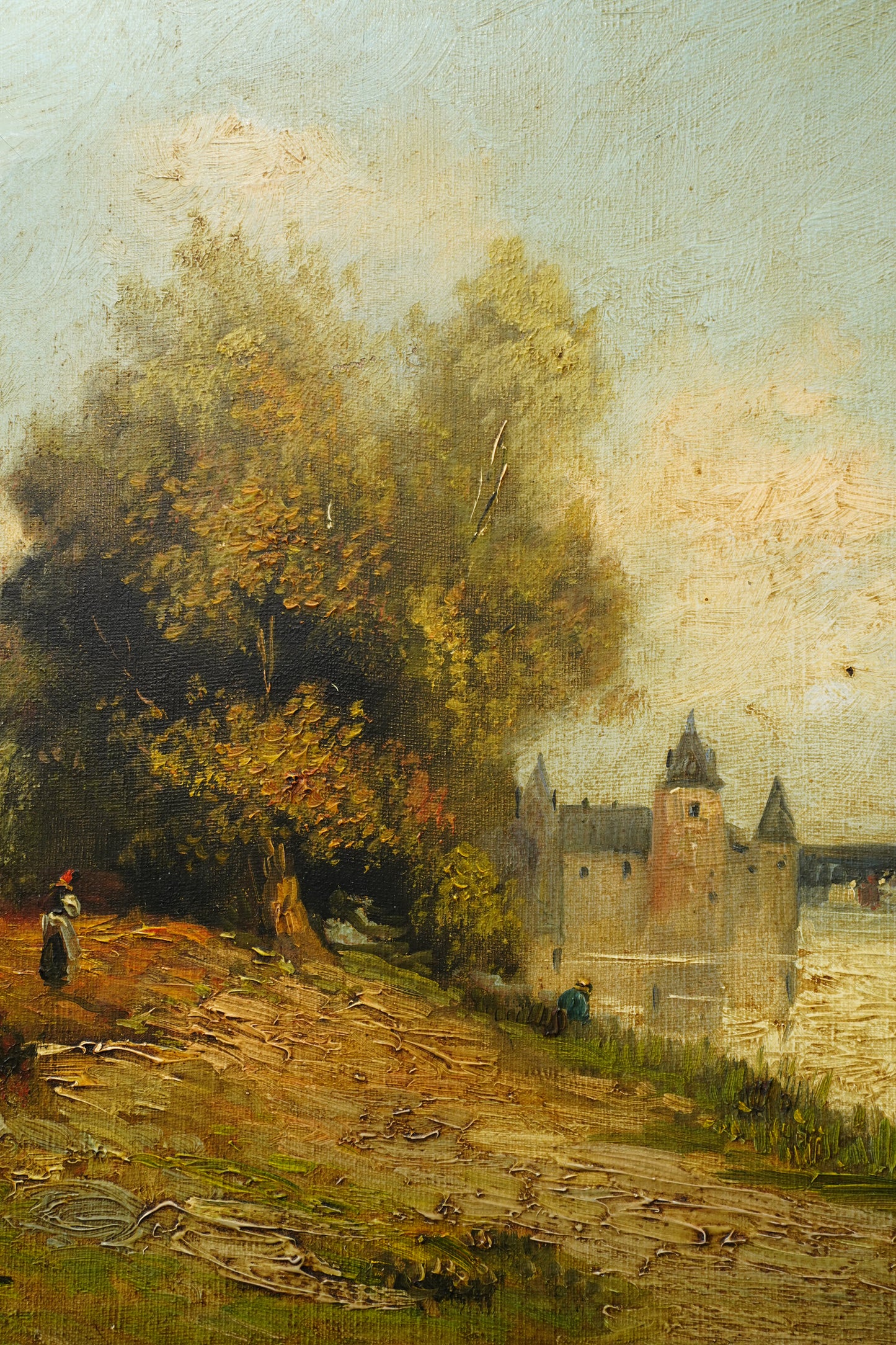 Antique French River Landscape Oil Painting with Castle, Signed