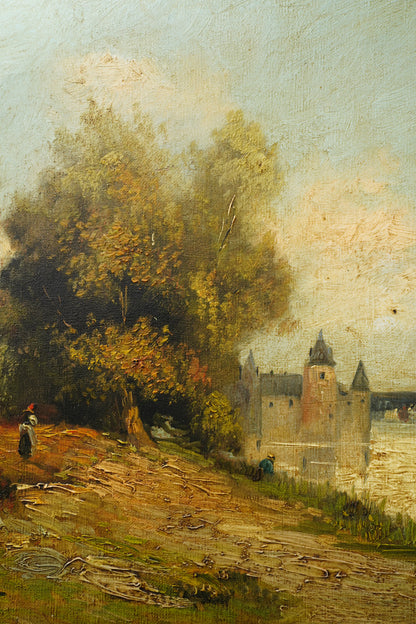 Antique French River Landscape Oil Painting with Castle, Signed
