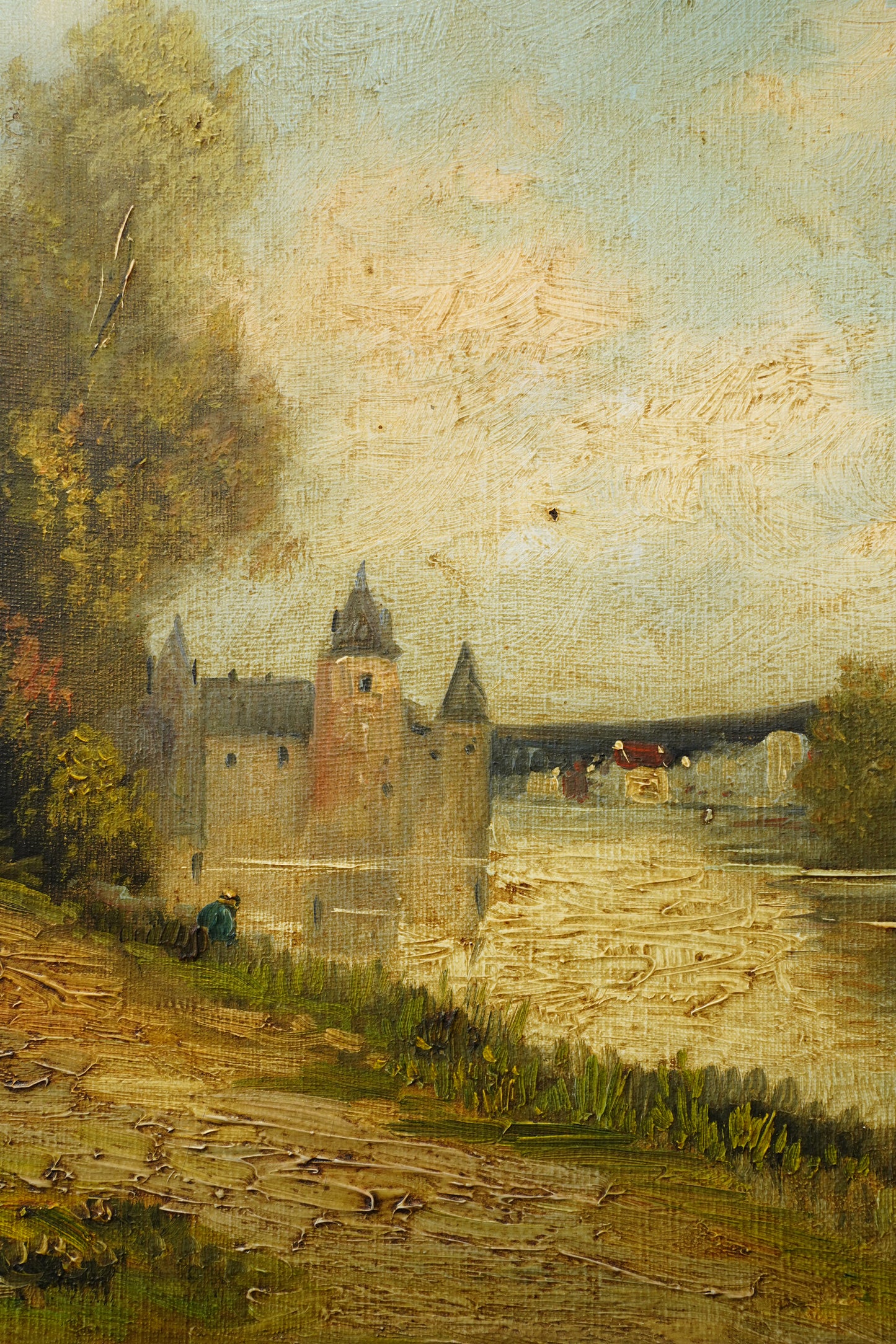 Antique French River Landscape Oil Painting with Castle, Signed