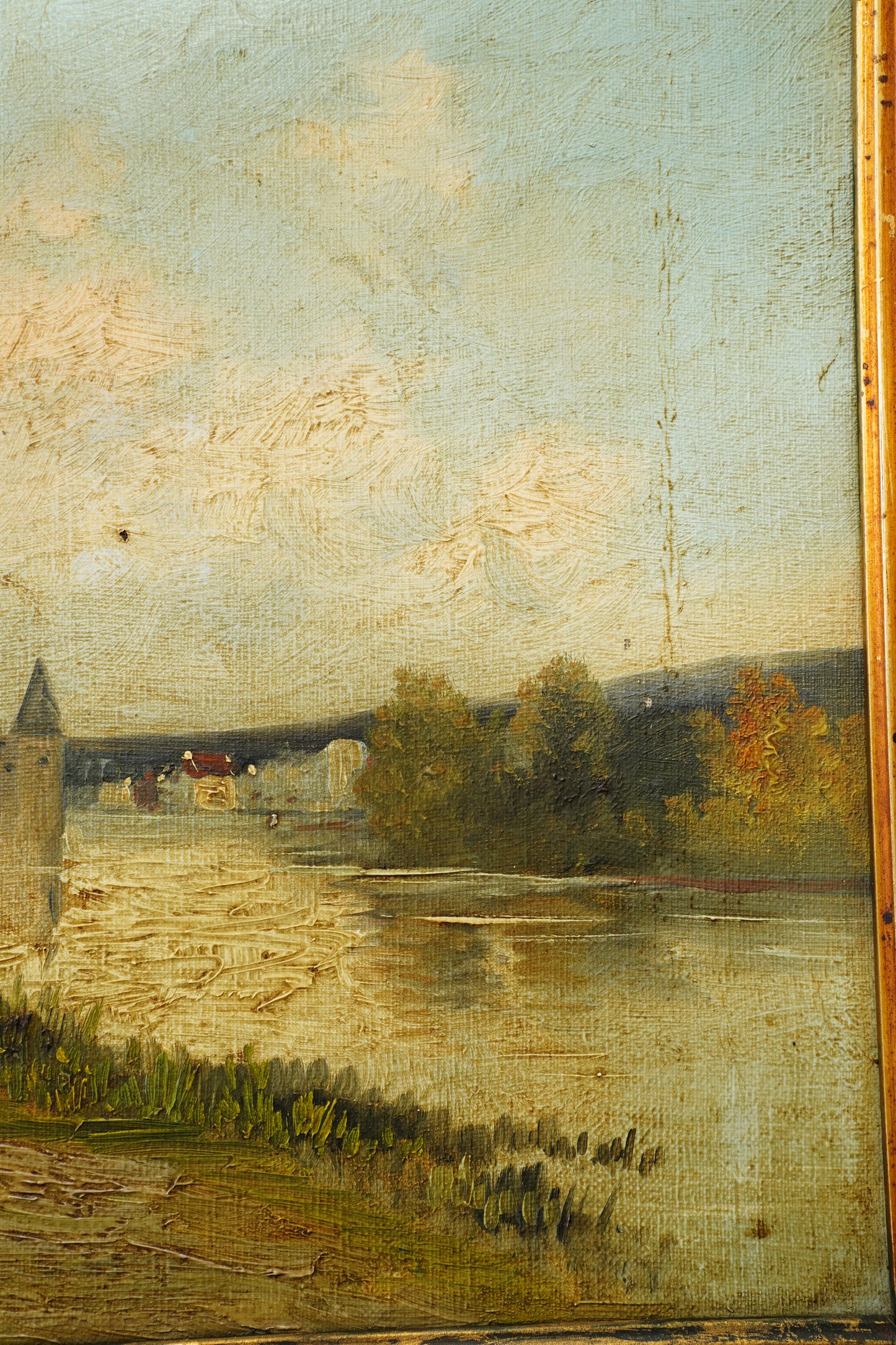 Antique French River Landscape Oil Painting with Castle, Signed
