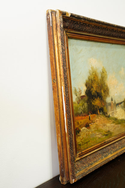 Antique French River Landscape Oil Painting with Castle, Signed
