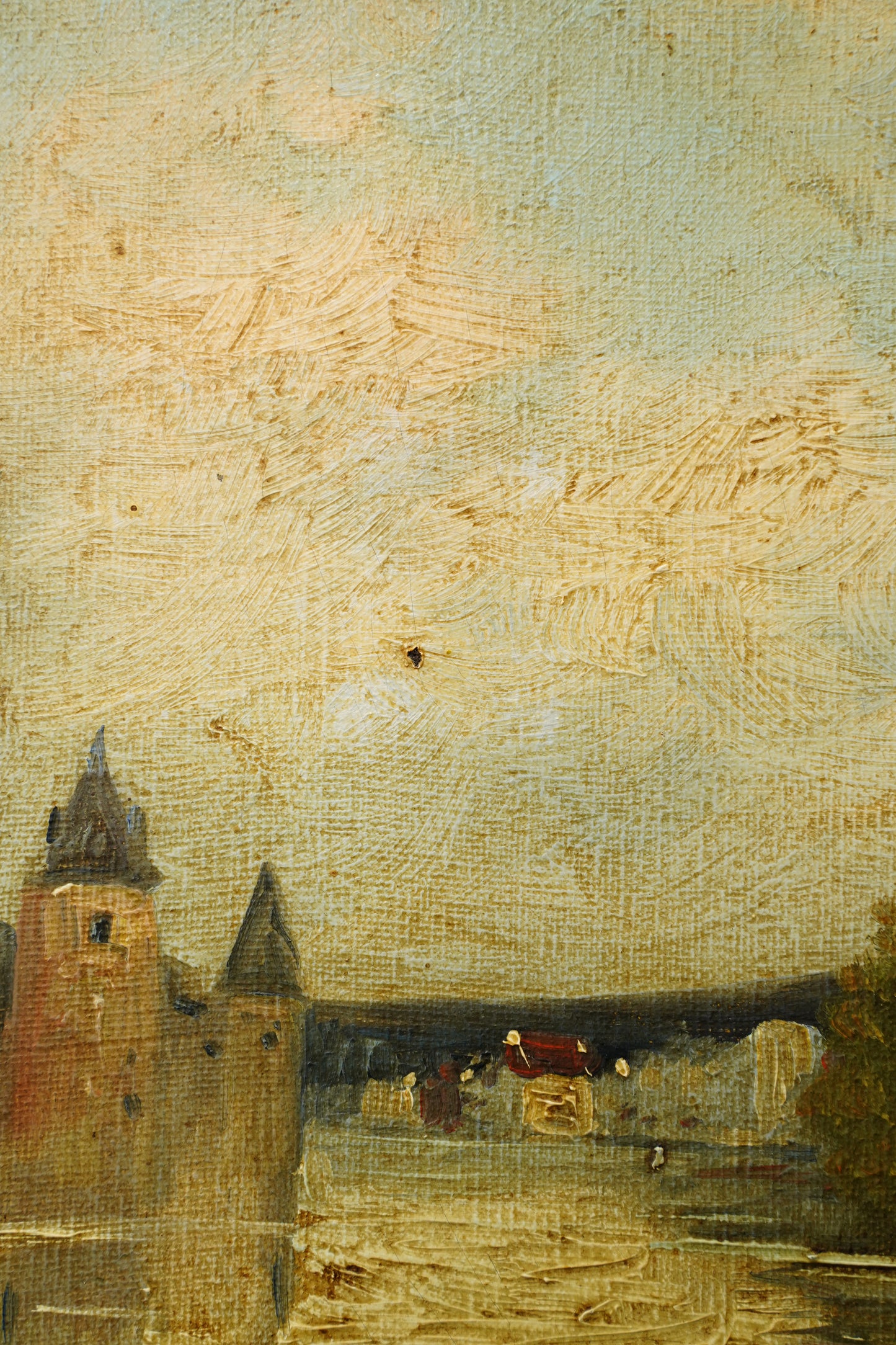 Antique French River Landscape Oil Painting with Castle, Signed