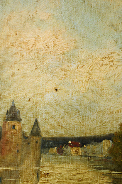 Antique French River Landscape Oil Painting with Castle, Signed