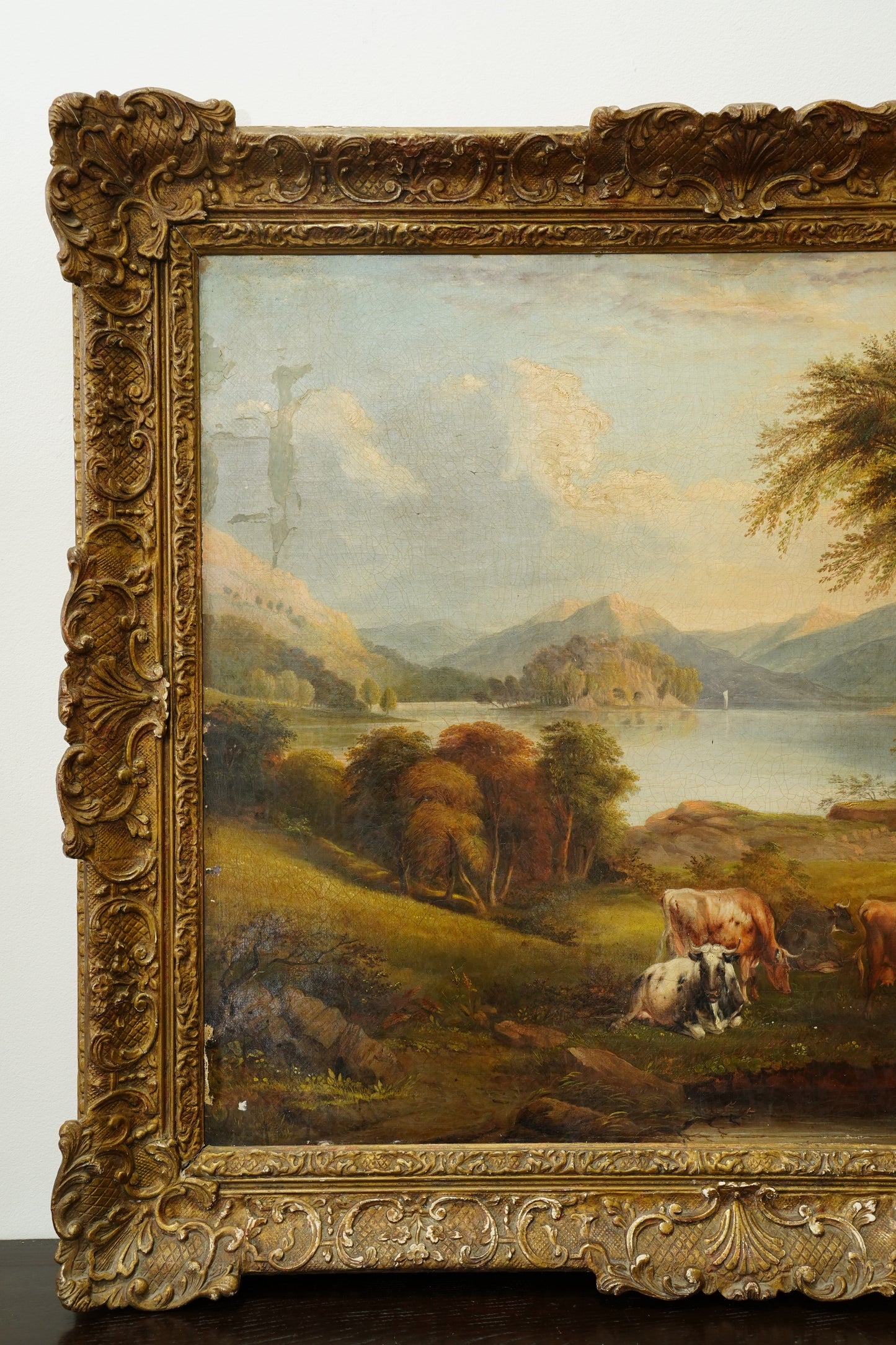 Antique British Cow Oil Painting Lake Landscape, Circa 1875