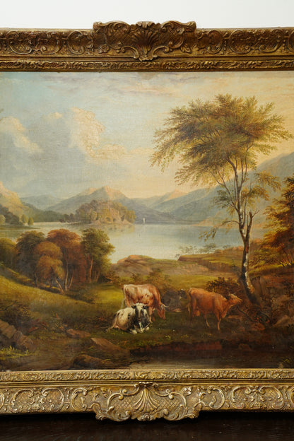 Antique British Cow Oil Painting Lake Landscape, Circa 1875