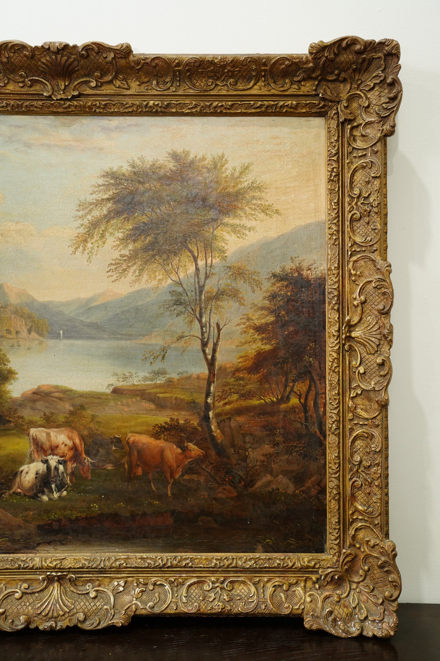 Antique British Cow Oil Painting Lake Landscape, Circa 1875