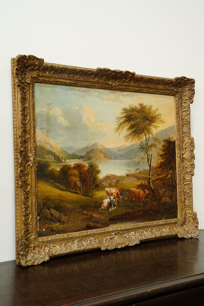 Antique British Cow Oil Painting Lake Landscape, Circa 1875