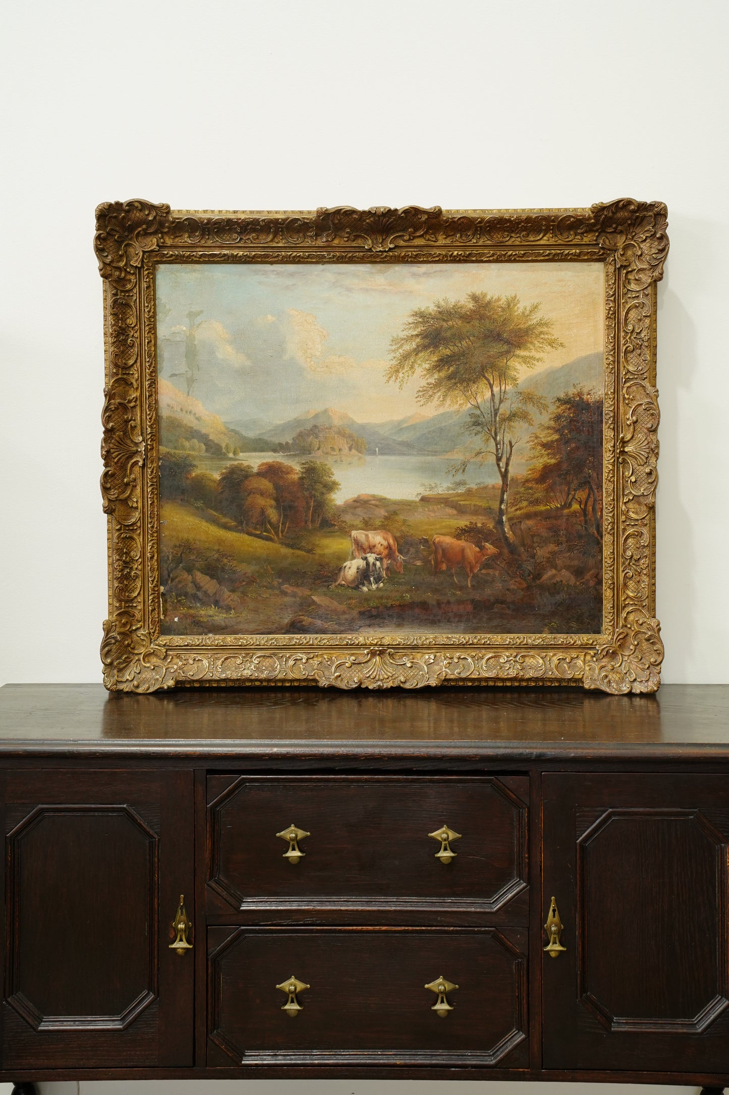 Antique British Cow Oil Painting Lake Landscape, Circa 1875