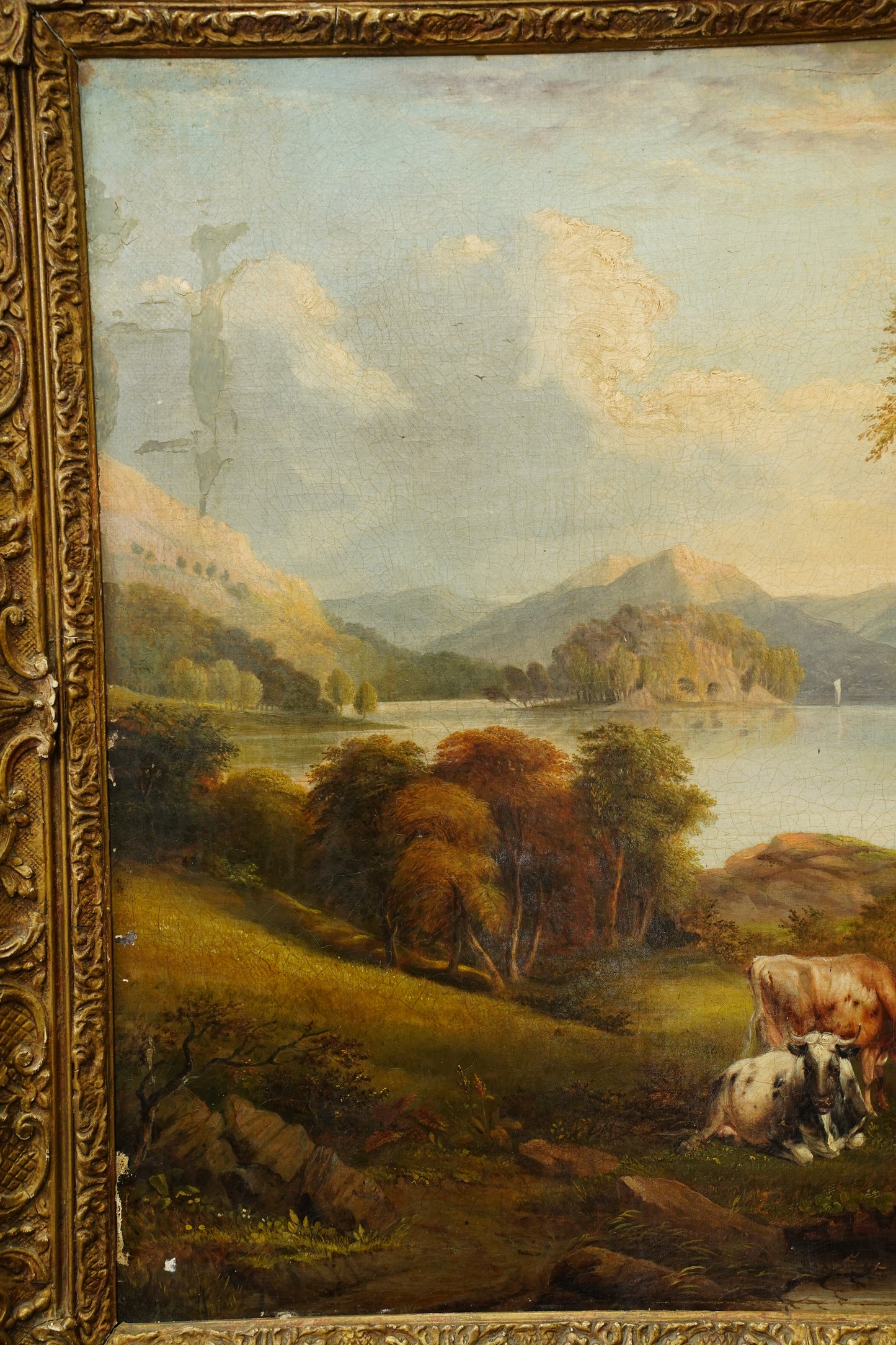 Antique British Cow Oil Painting Lake Landscape, Circa 1875
