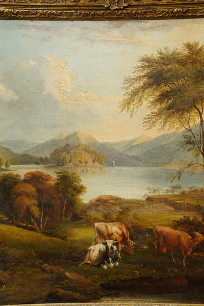 Antique British Cow Oil Painting Lake Landscape, Circa 1875