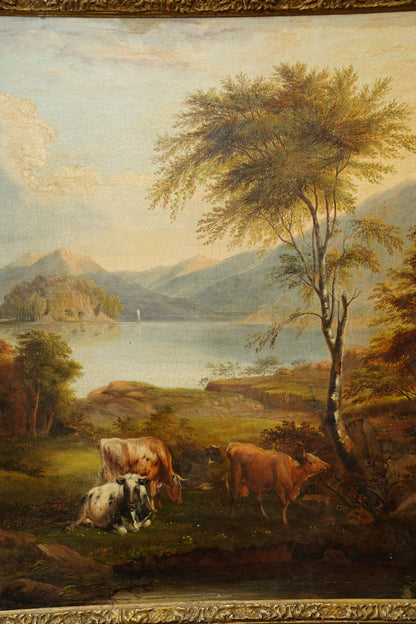Antique British Cow Oil Painting Lake Landscape, Circa 1875