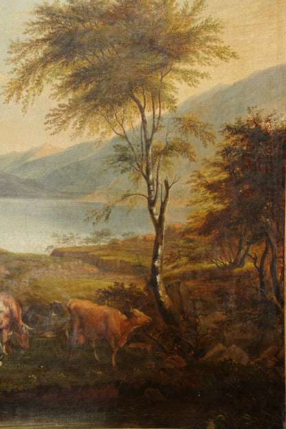 Antique British Cow Oil Painting Lake Landscape, Circa 1875