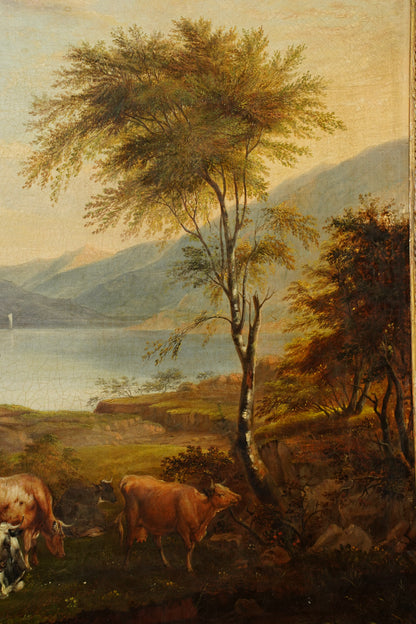Antique British Cow Oil Painting Lake Landscape, Circa 1875