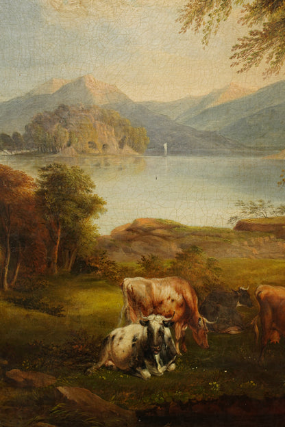 Antique British Cow Oil Painting Lake Landscape, Circa 1875