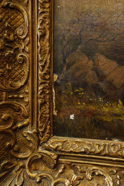 Antique British Cow Oil Painting Lake Landscape, Circa 1875