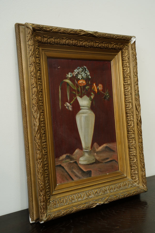 Antique French Flower Oil Painting Still Life in Cream Vase *AS-IS*