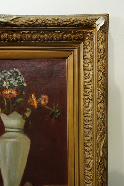 Antique French Flower Oil Painting Still Life in Cream Vase, Circa 1890