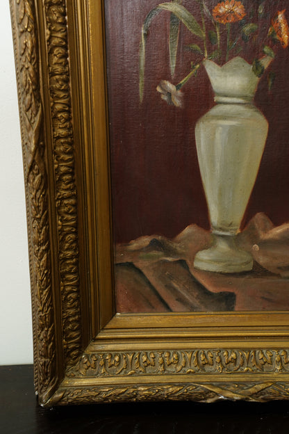 Antique French Flower Oil Painting Still Life in Cream Vase, Circa 1890