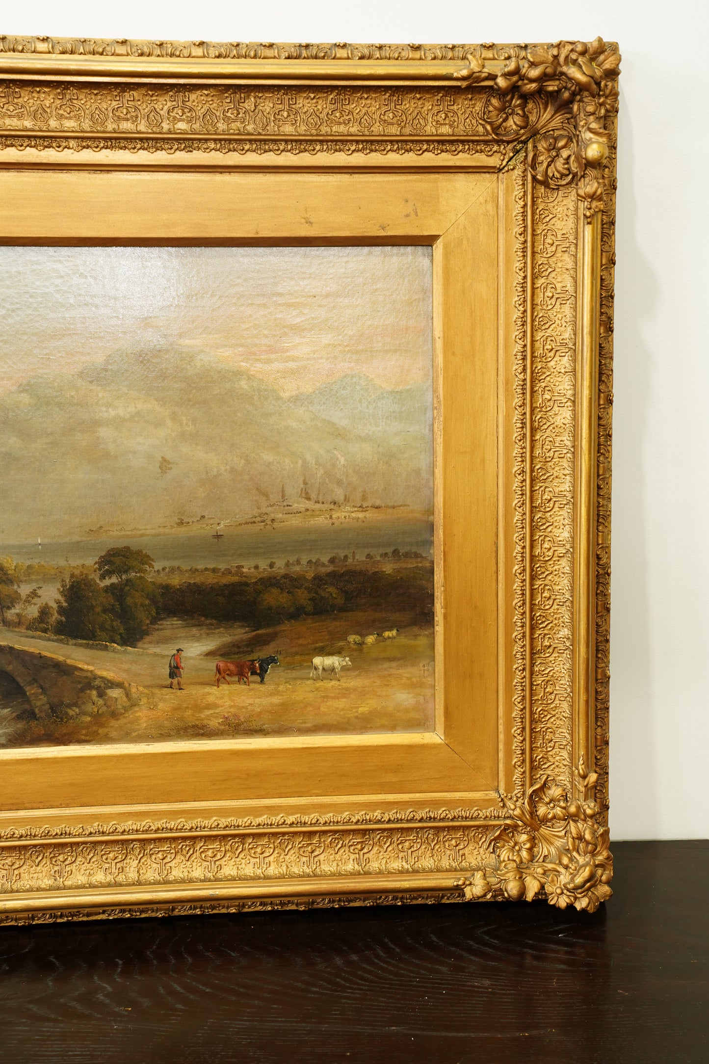 Antique Scottish Highland Cattle Oil Painting, Loch Landscape with Drover