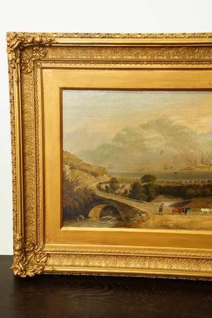 Antique Scottish Highland Cattle Oil Painting, Loch Landscape with Drover