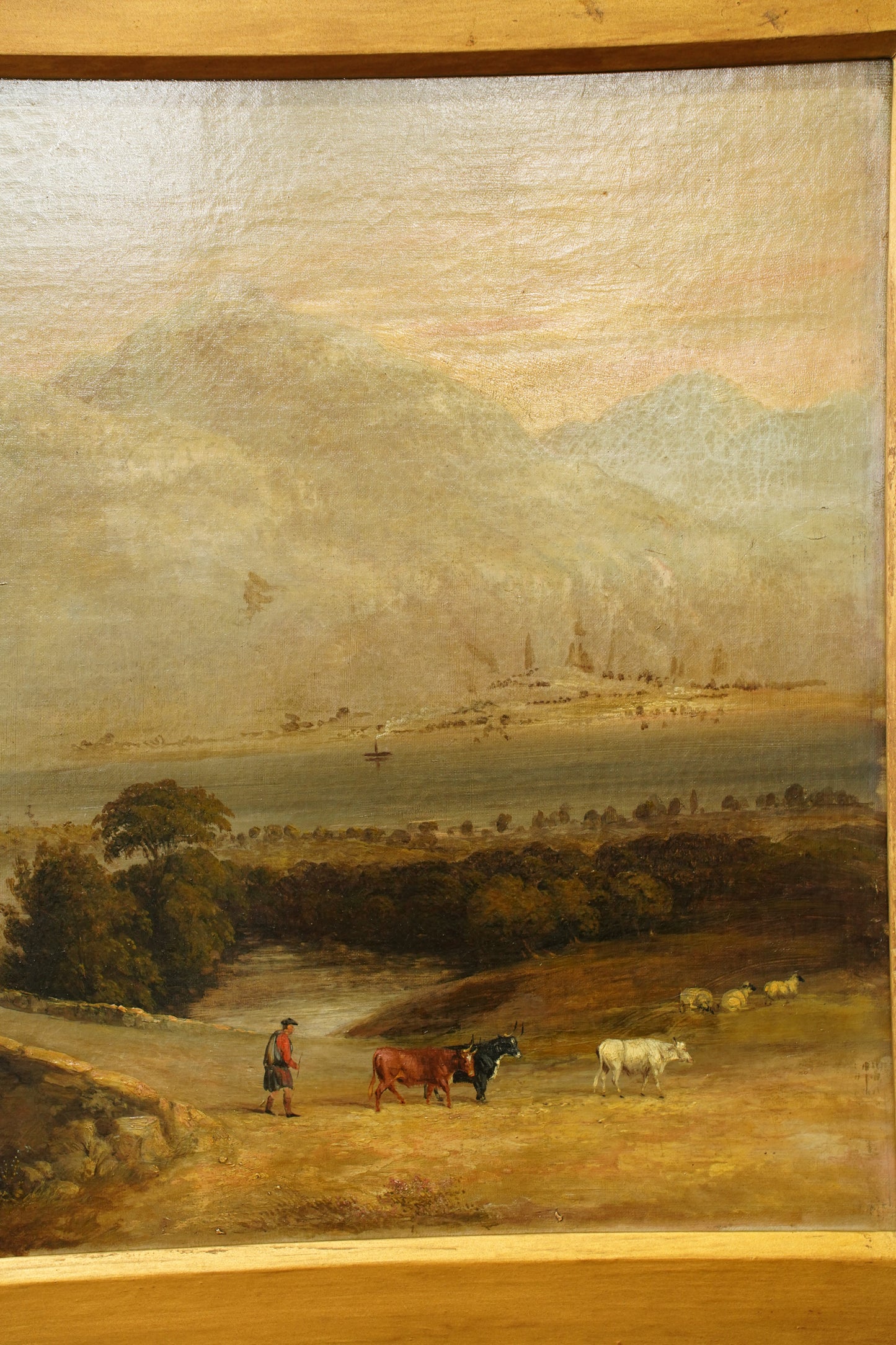 Antique Scottish Highland Cattle Oil Painting, Loch Landscape with Drover