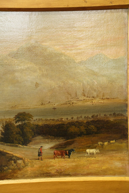 Antique Scottish Highland Cattle Oil Painting, Loch Landscape with Drover