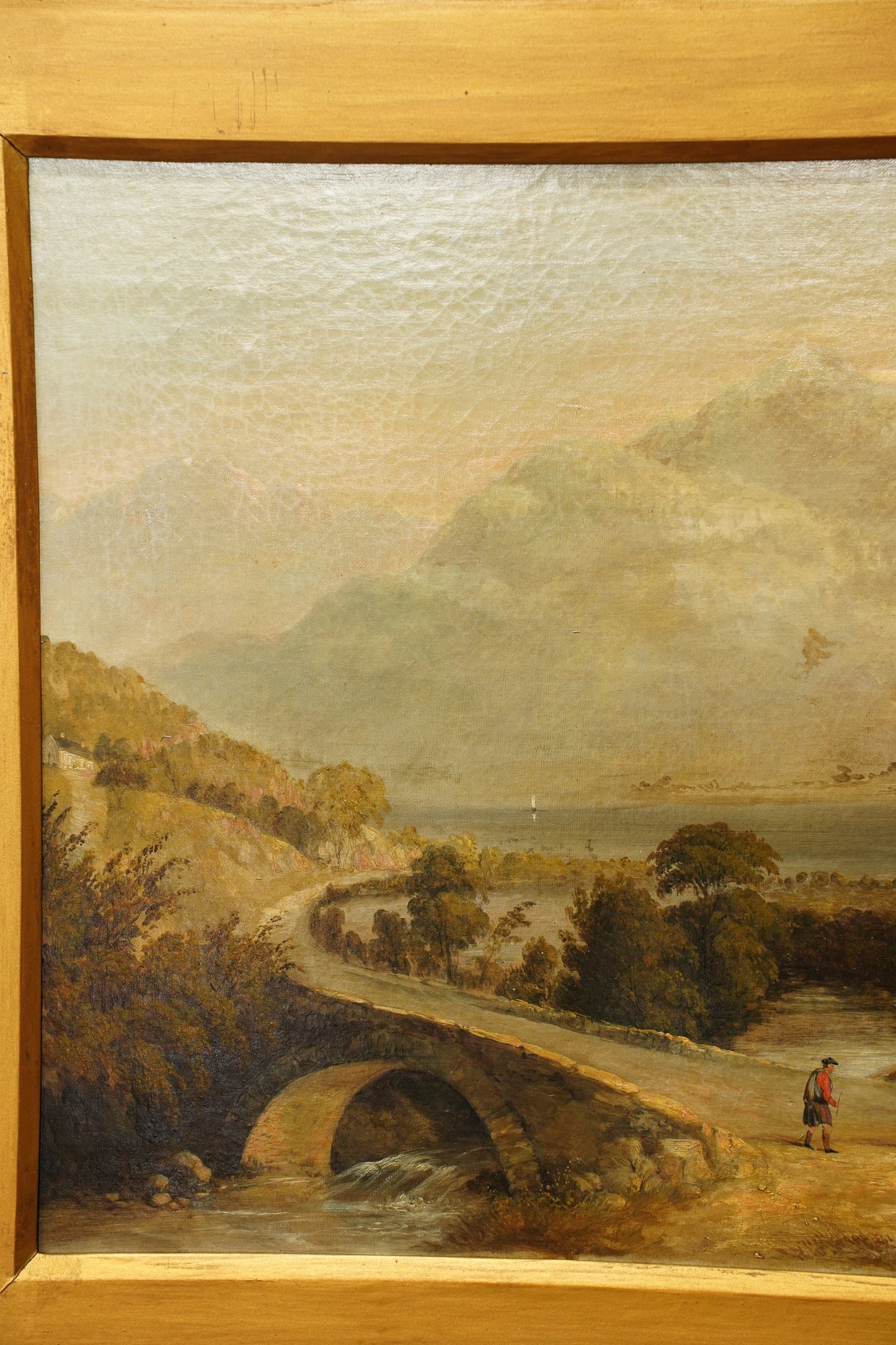 Antique Scottish Highland Cattle Oil Painting, Loch Landscape with Drover