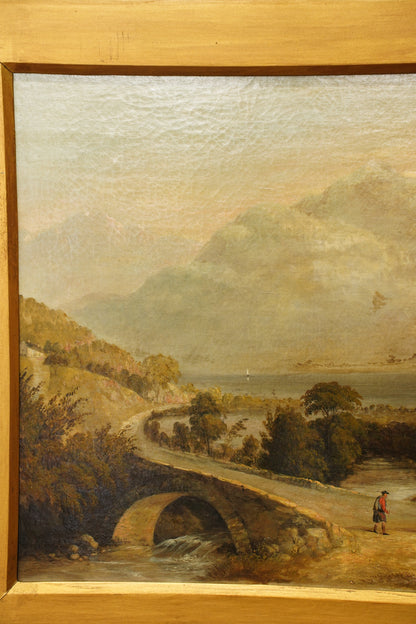 Antique Scottish Highland Cattle Oil Painting, Loch Landscape with Drover