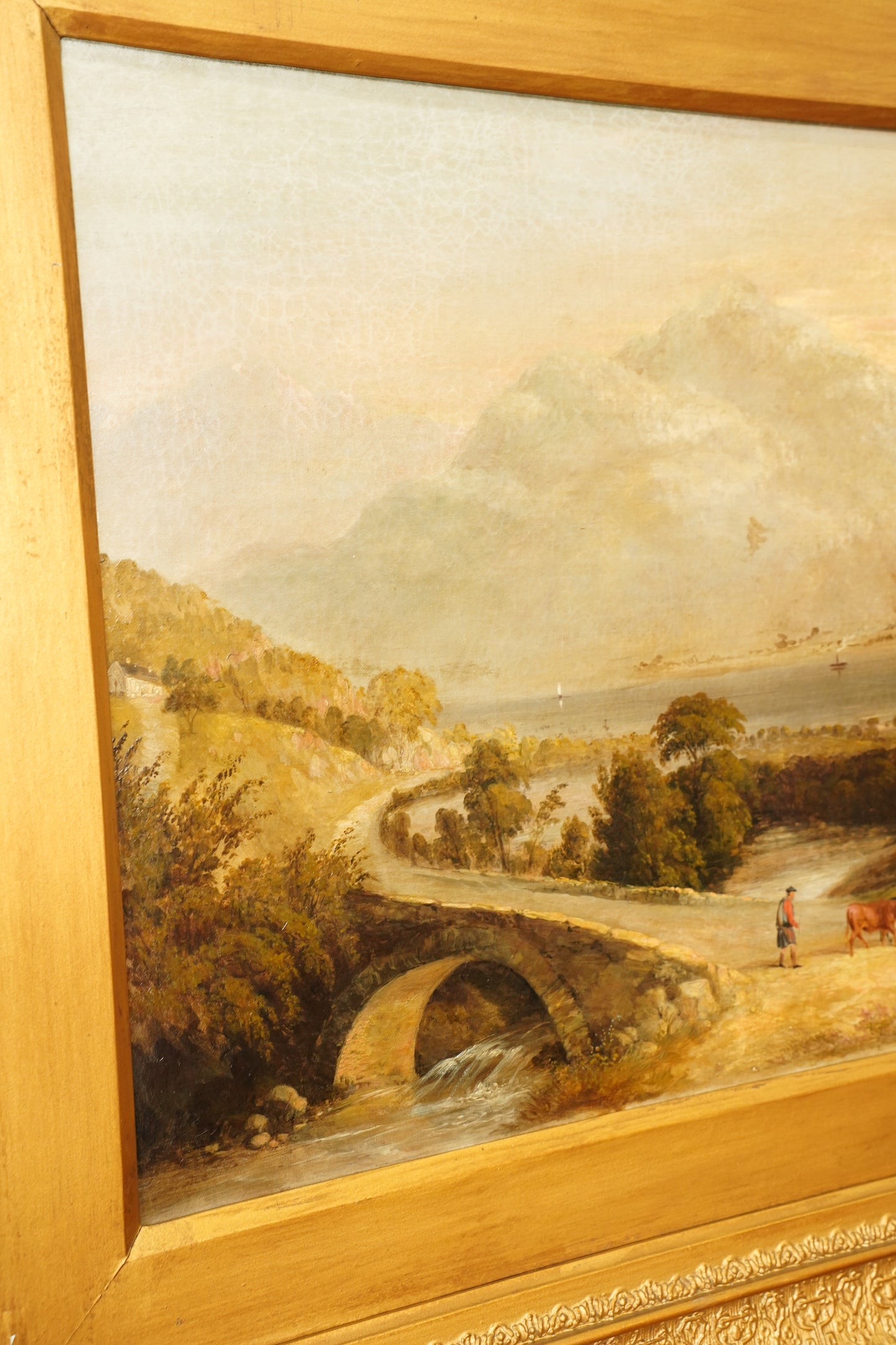 Antique Scottish Highland Cattle Oil Painting, Loch Landscape with Drover