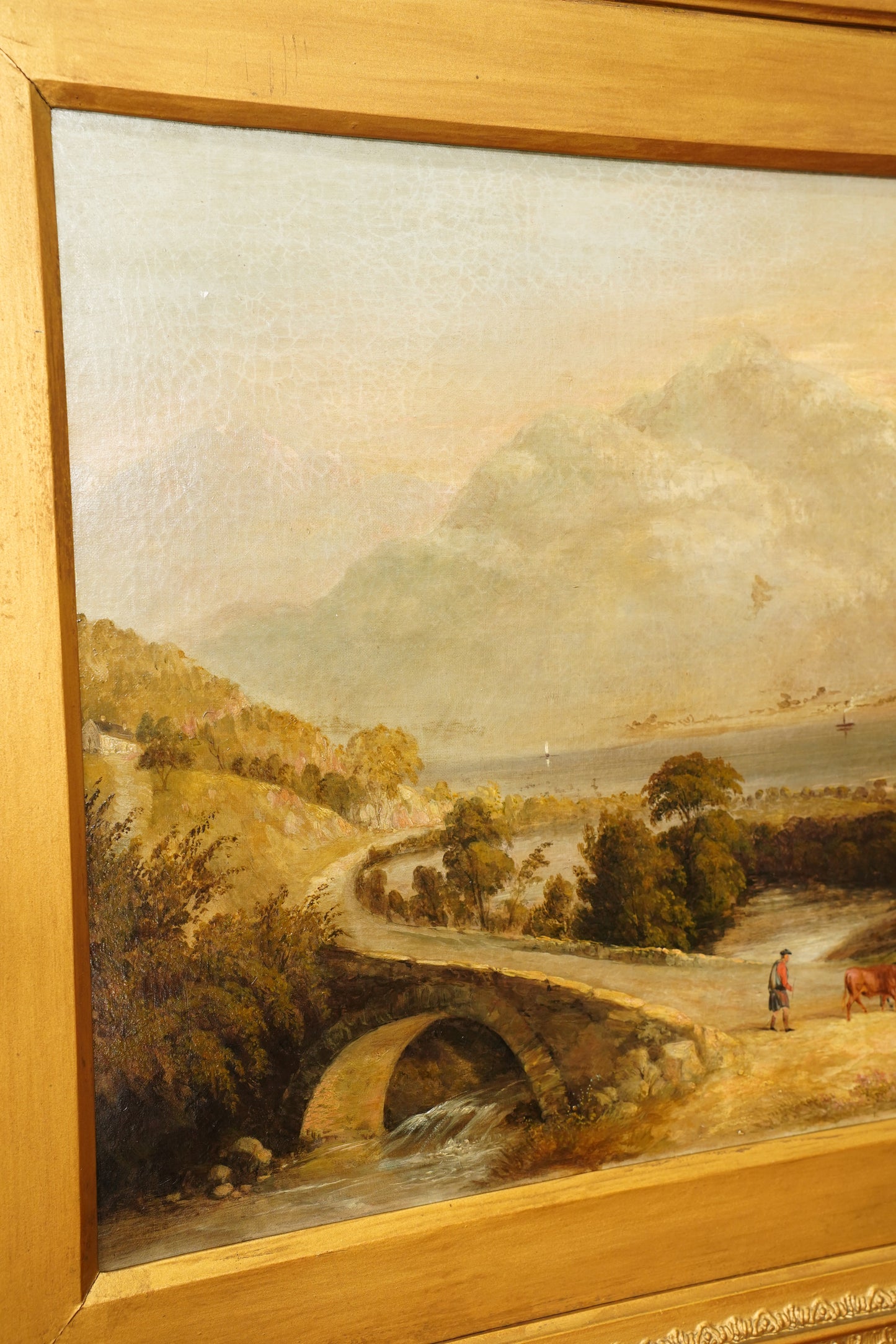 Antique Scottish Highland Cattle Oil Painting, Loch Landscape with Drover
