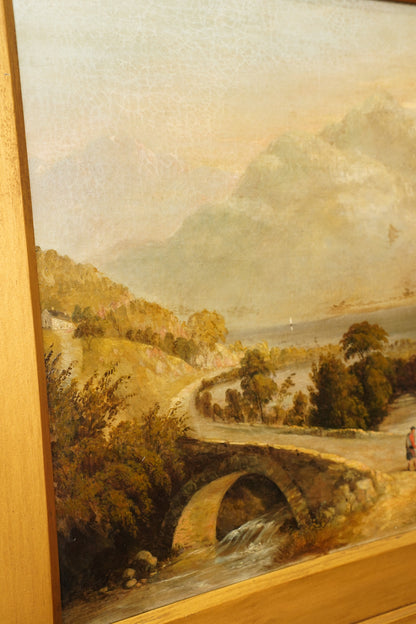 Antique Scottish Highland Cattle Oil Painting, Loch Landscape with Drover