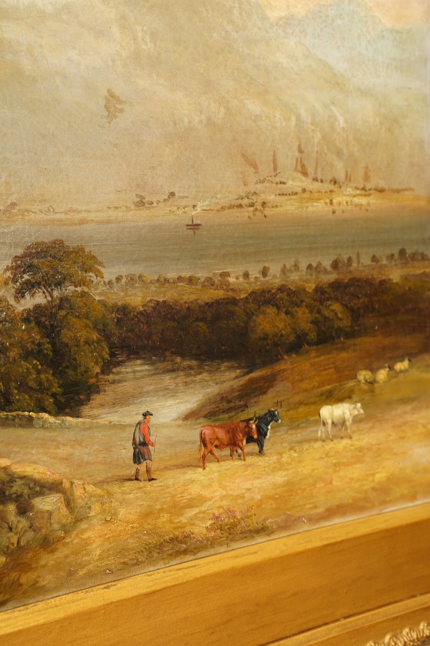 Antique Scottish Highland Cattle Oil Painting, Loch Landscape with Drover